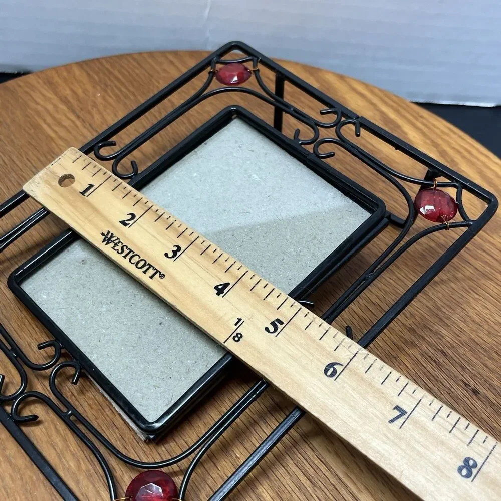 Vintage Black Scrollwork Metal Frame w/Translucent Red Gem Cabochons 3.5 x 5